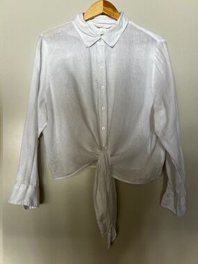 H&M Premium Selection 100% Linen White Tie Front Button Down Shirt L
